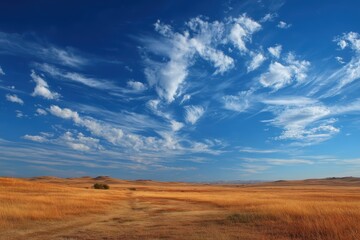 Fototapeta premium A wide-open grassy plain under a vast, bright blue sky, evoking a sense of freedom and tranquility
