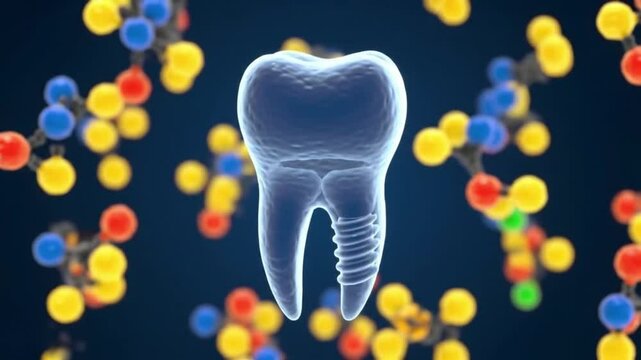 Dental Implant and Molecular Structure: A 3D Rendering of a Tooth with an Implant Surrounded by Colorful Molecules