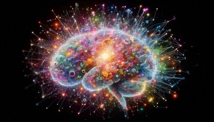 Fototapeta premium Brain Burst of Ideas: A vibrant, colorful brain illustration, exploding with sparks of creativity and innovation, symbolizing the power of the human mind and boundless potential.