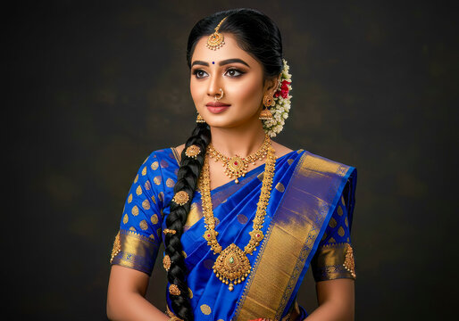 Elegant Indian Bride in Blue Silk Saree with Gold Jewelry