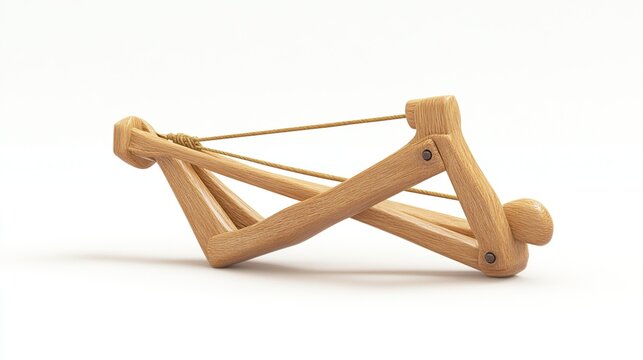 A light-brown, wooden toy crossbow lies on a white background.  Its simple design features two joined arms connected by a string mechanism, suggesting a child's plaything - Powered by Adobe