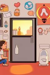 Anxious person waiting cartoon style digital art drawing emotional suspense interior