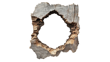 A hole in the wood, white background, wooden wall with cracks and bullet holes, cut out