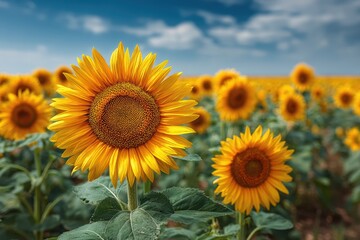 Fototapeta premium A bright yellow sunflower field under a clear blue sky, evoking happiness and a joyful, summer atmosphere