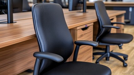 Black Office Chairs at a Wooden Desk in a Modern Office