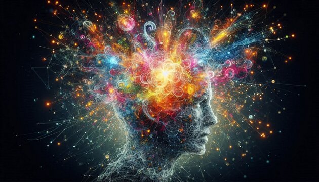 Mind Explosion: A captivating artistic rendering of a human head erupting with vibrant, multi-colored energy, symbolizing the vastness and complexity of the mind and its boundless creativity.