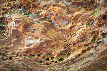 Red rock formations a close-up of the bizarre structure in reserve Altschlossfelsen in the Saarland...