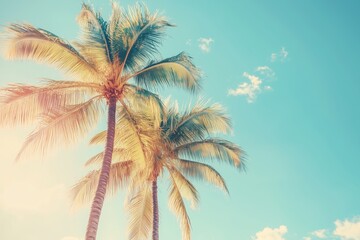 Palm trees view of the blue sunny sky