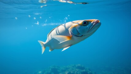 Naklejka premium A vibrant striped fish swims gracefully underwater in a clear blue ocean scene exhibiting detailed scales and fins.