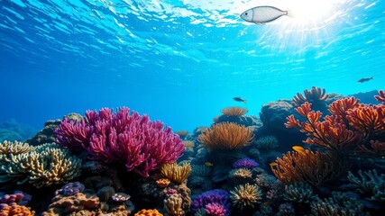 Naklejka premium A vibrant underwater scene showcases a diverse coral reef teeming with colorful coral and small fish swimming peacefully in the clear ocean water.