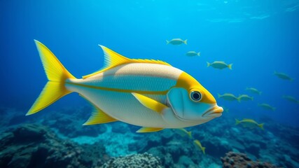 Fototapeta premium A vibrant yellow and white fish swims gracefully in a clear blue ocean surrounded by a school of smaller fish near a coral reef.