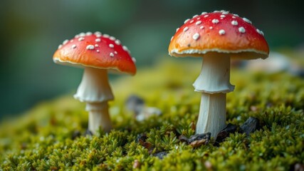 Fototapeta premium Two vibrant red toadstools with white spots emerge from lush green moss in a forest setting showing intricate detail.