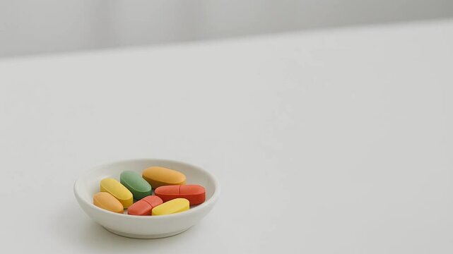 흰색 테이블 위에 멀티비타민이 담긴 작은 접시와 물컵이 놓여 있고, 얼굴이 보이지 않는 손이 컵을 들어 비타민을 섭취하려는 5초 분량의 깔끔한 실사 영상