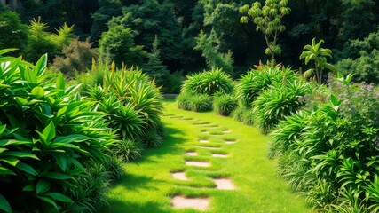 A tranquil garden path winds through lush green foliage and vibrant tropical plants on a sunny day.