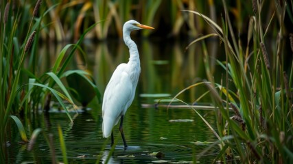 Obraz premium A majestic white egret stands elegantly in shallow water among vibrant green reeds and aquatic plants.