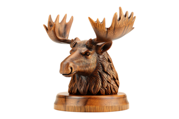 Mahogany wooden engraving Moose head isolated on transparent background