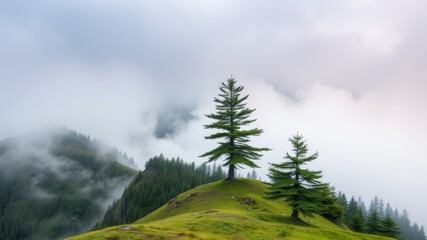 Two majestic evergreen trees stand tall on a grassy hilltop shrouded in a mystical mountain fog landscape.