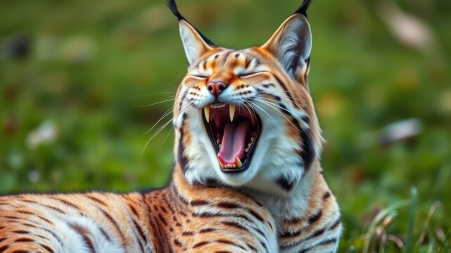 A majestic lynx with its mouth wide open in a vibrant green grassy field yawns showing its impressive teeth and pink tongue.