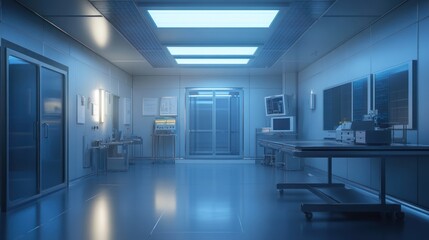 Sterile hospital corridor, medical equipment, sunrise view