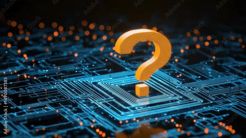 Poster 3d rendering of abstract question mark on circuit board background for technology and innovation con