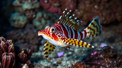 Obraz premium A vibrant red and yellow lionfish swims gracefully amidst colorful coral and seabed in a vibrant underwater scene.