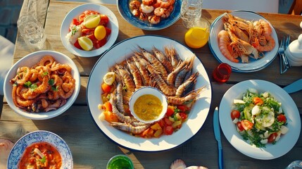 Fresh Seafood Platter with Shrimp, Lobster, and Crab on Wooden Table - Gourmet Meal and Ocean Feast
