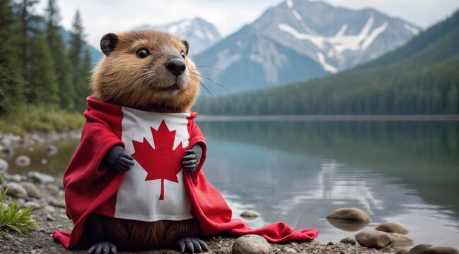 Wet smiling beaver wrapped in Canadian flag by lake with mountains in background. Canada Day, national holiday. Celebration and patriotism concept. Banner, poster