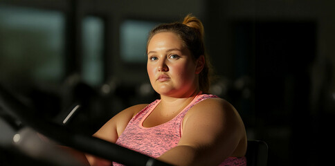 Fototapeta premium Plus size woman lifting dumbbells and training indoors at the gym, showcasing strength and determination. Generated image