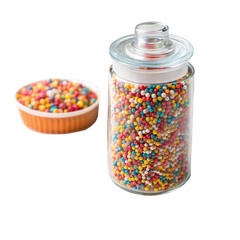 Full jar and a bowl with tiny colorful sugar sprinkles isolated on transparent background