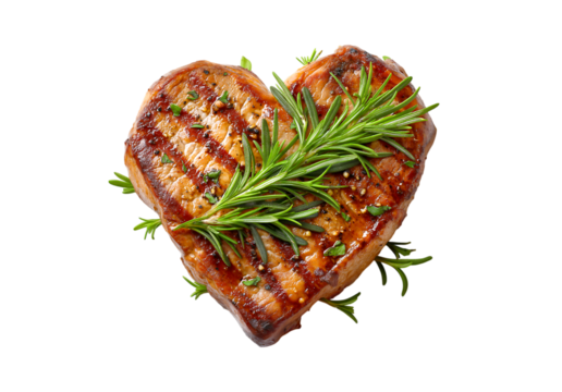 A top-down photograph of a grilled steak in the shape of a heart, isolated on a transparent background with a rosemary leaf.