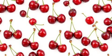 Seamless repeat of ripe red cherries with green stems on white background, organic, stem