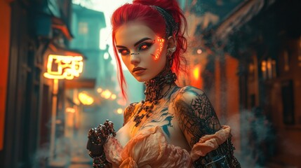 Fototapeta premium Futuristic woman with red hair and tattoos in cyberpunk city at night