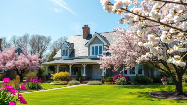 A beautiful two story house with blooming cherry trees and a lush green lawn sits on a sunny sp day.