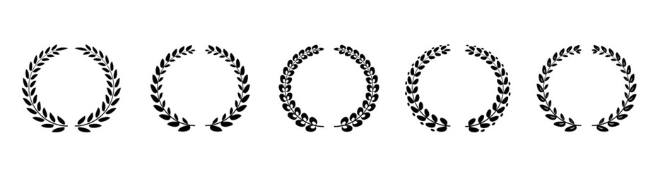 Black silhouette laurel wreath frames PNG,  Round icons for awards, badges, medals, trophies. Decorative foliate circle branches.