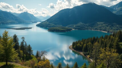 Naklejka premium A breathtaking panoramic view showcases a serene mountain lake led amidst lush evergreen forests and majestic peaks under a partly cloudy sky.