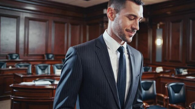 Confident lawyer in court room smiling. justified businessman showing success gesture near smiling advocate and blurred judge in court