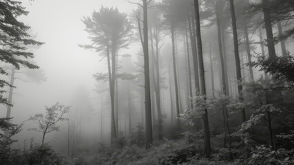 A serene black and white photograph depicts a dense forest shrouded in a thick fog on a misty morning.