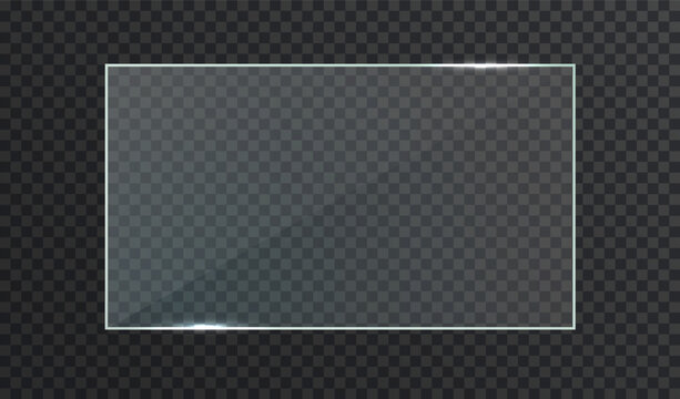 Transparent glass frame isolated dark background. Glass banner vector realistic. Acrylic banner set