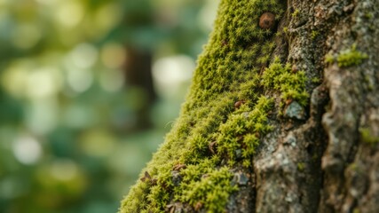 Lush green moss thrives and grows on the textured bark of an old tree trunk in a forest.