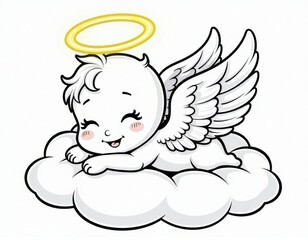 Fototapeta premium Cute Baby Angel with Halo on Cloud - Cartoon Illustration