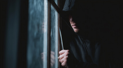 Burglary, burglary and break-in for home crimes, home invasion or property invasion, security breach and risk to the owner's safety, by a man wearing black clothing covering his body.