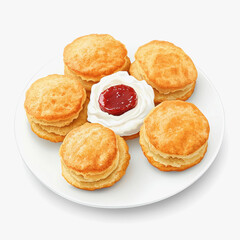 Overhead shot of a platter of freshly baked scones accompanied by a small bowl of sweet jam for enjoyment