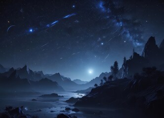 Deep midnight blue, myriads of stars shimmering, an endless, inky canvas ,  universe,  star