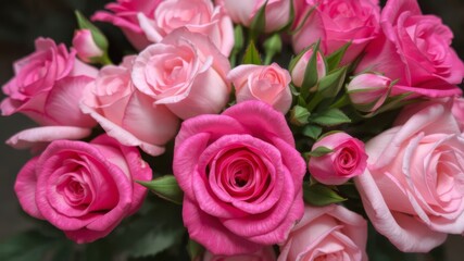 Obraz premium A vibrant bouquet of pink roses in various shades and stages of bloom creates a romantic and lovely floral arrangement.