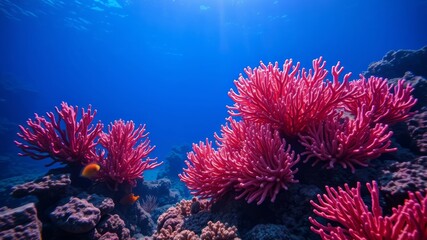 Obraz premium Vibrant pink sea coral thrives in a pristine underwater ocean reef environment showcasing diverse marine life and a sunlit blue backdrop.