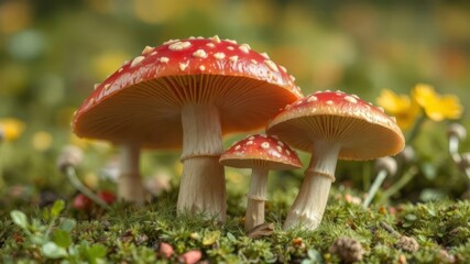 Fototapeta premium Three vibrant red toadstools with white spots emerge from green moss in a sunlit forest clea.
