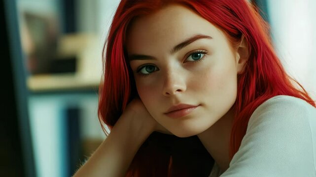 A woman with red hair and blue eyes is sitting in front of a computer monitor. She is wearing a white shirt and leaning on the desk