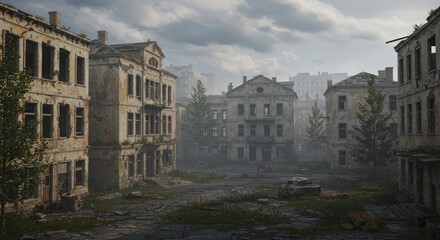 Deserted city street ruined buildings