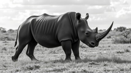 Obraz premium A majestic white rhinoceros grazes peacefully in the African savanna under a dramatic cloudy sky in black and white.