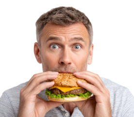 Man eating cheeseburger isolated on transparent background.
